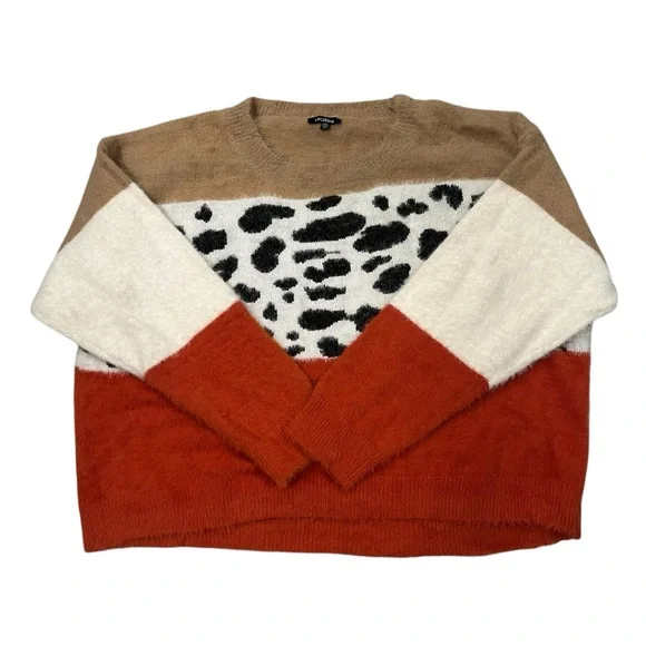 COCOBLEU Colorblock Leopard Print Fuzzy Crewneck Sweater, Sz 1X - Picture 10 of 14